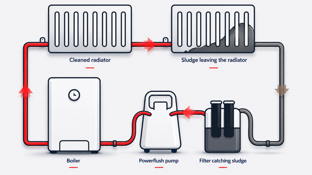 A central heating powerflush being carried out.